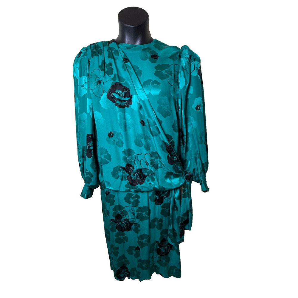 Silk Drape Dress Vtg 80's Golden Girls Teal Green Sz 8 Francesca Damon AMAZING